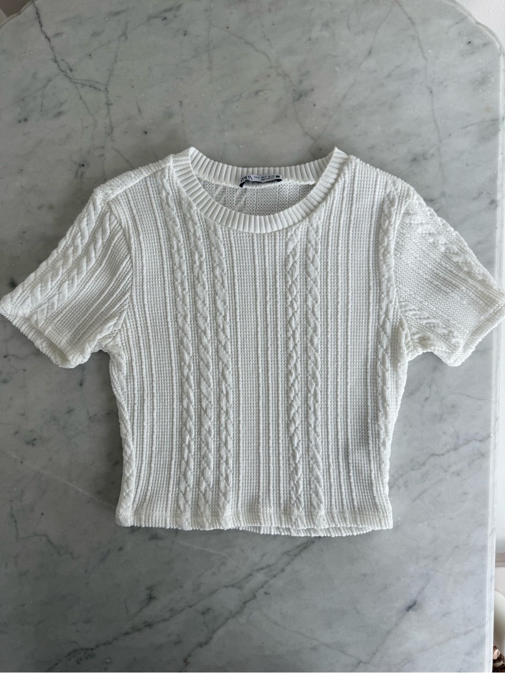 Zara Cream Cable Knit Short Sleeve Crop Top